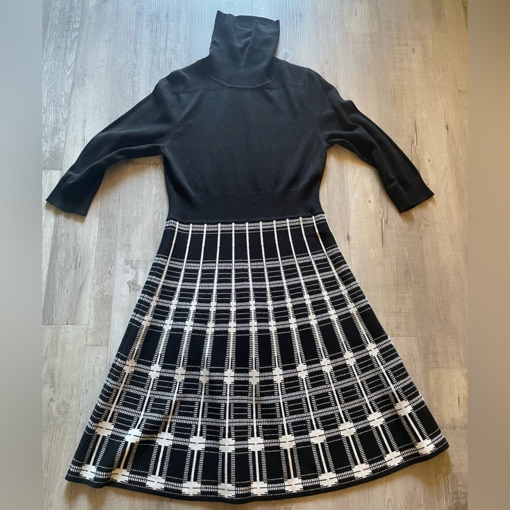 J Howard Plaid Turtleneck Knit Dress Black White Long Sleeve Midi Size Large - Picture 3 of 8